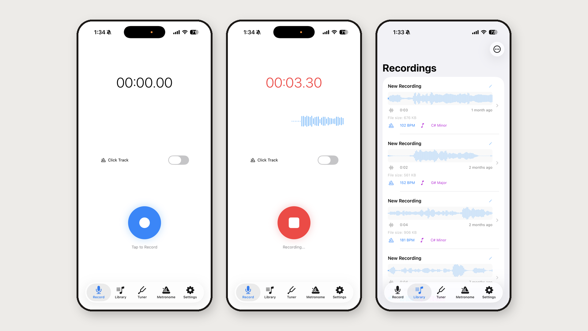 riffMemo — recording a take and viewing auto-detected tempo and key